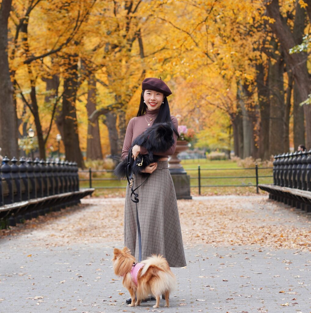 vivian r tang, holds momo her black pomeranian in nyc central park