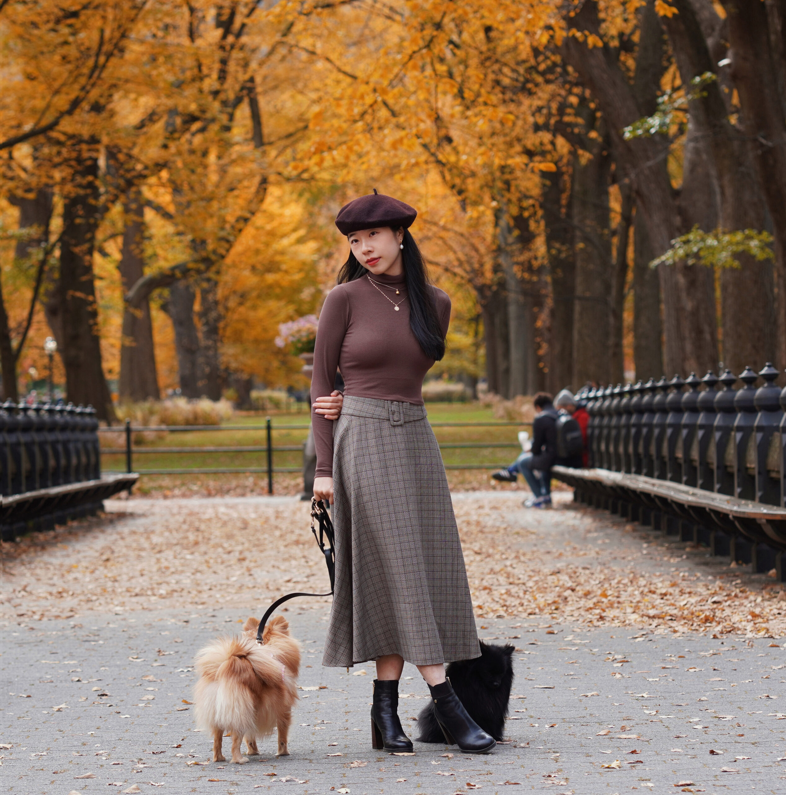 plaid skirt - Vivian R Tang poses in dark academia fashion in Central Park New York City NYC with her pomeranians against a fall setting