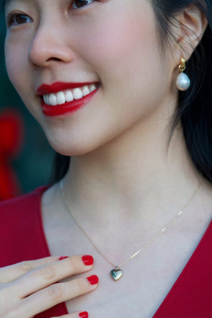 GLDN jewelry locket, monica vinader doina pearl earrings, vivian tang, holiday red bobbi brown lipstick