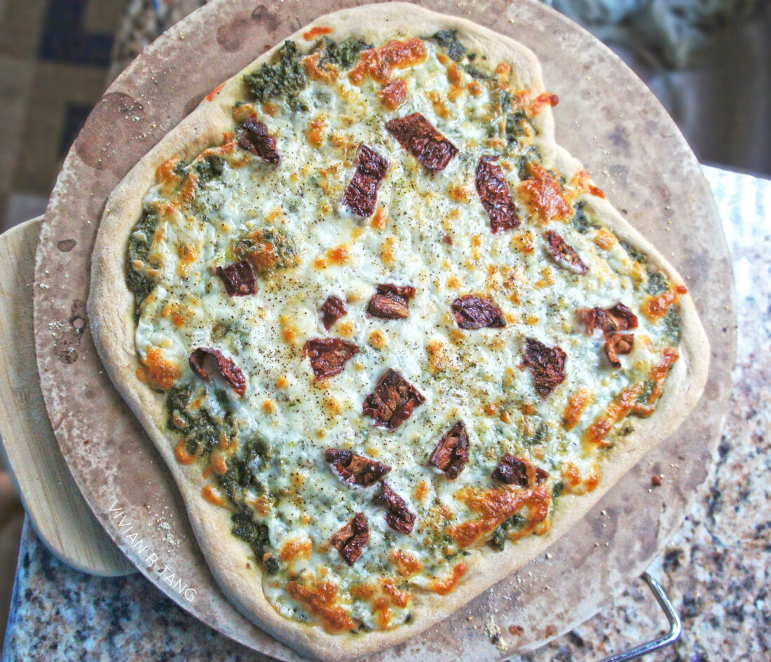Spinach Pesto Pizza with whole wheat crust